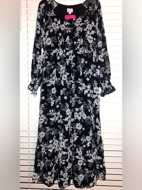 Isabel Maternity Floral Black & White Long Sleeve Chiffon Maxi Dress Loose Fit